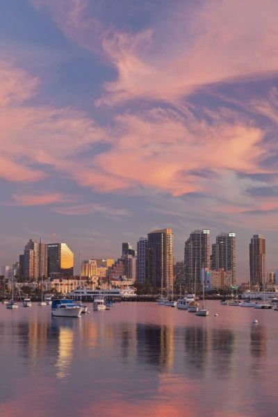 CA, San Diego Sunset view of marina and downtown